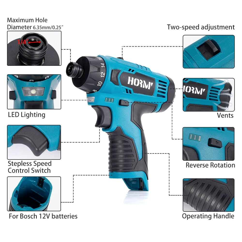 Hormy Electric Screwdriver Cordless Impact Drill Hammer 2-Speed Wireless Mini Hand Driver Wrench Power Tool For Bosch Battery