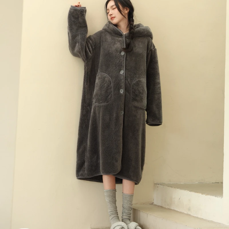 Thickened Coral Fleece Nightgown Hooded Large Pocket Cardigan Robe Loose Oversize Mid-Length Warm Pajamas Home Clothes Women