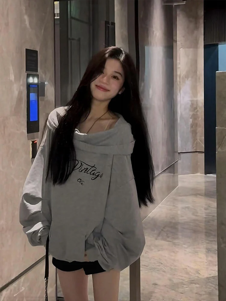 Retro American High Street Hoodie Women's Autumn Winter Fce Oversize Lazy Loose Long Sve Top oulder Bared Streetwear