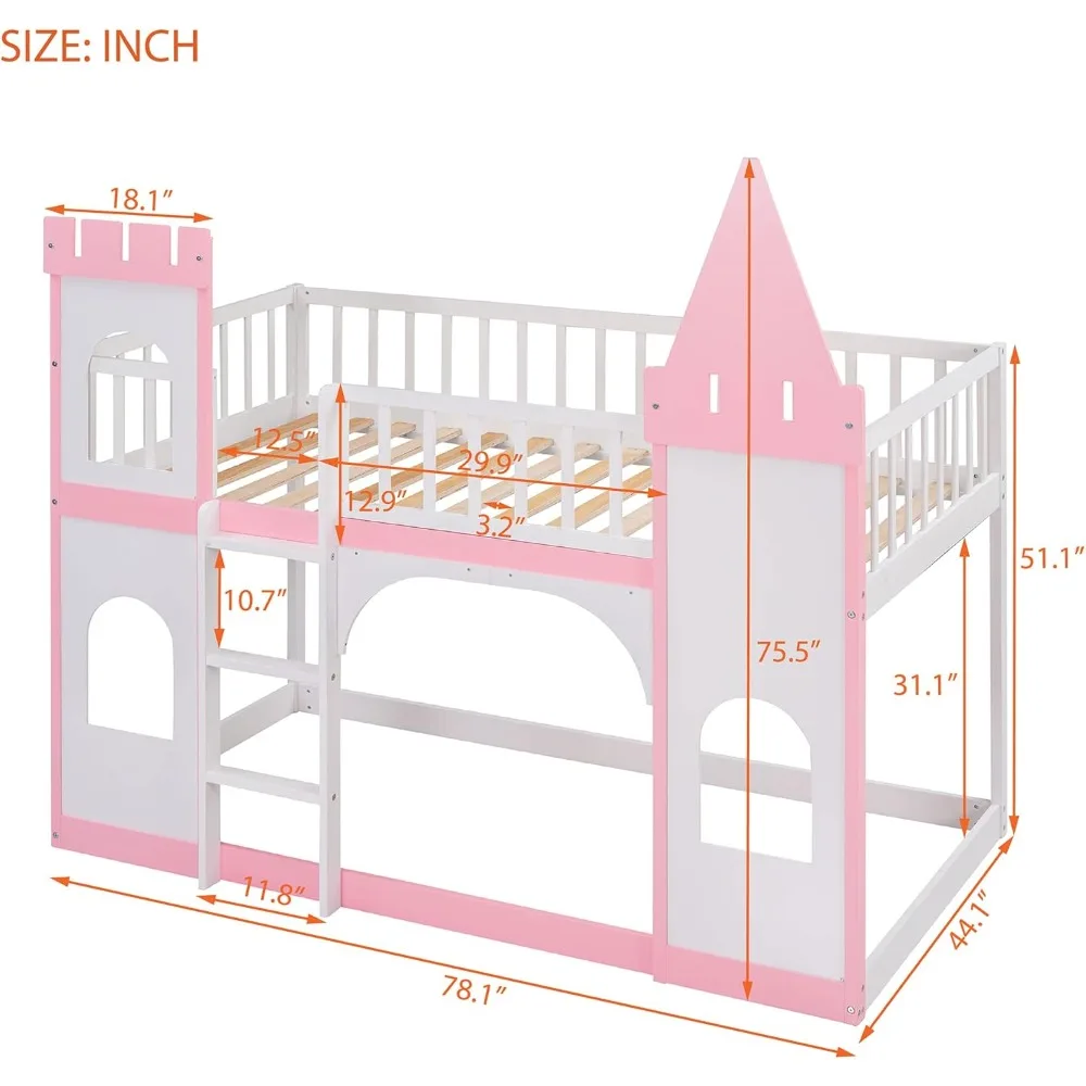 Low Bunk Bed Twin Over Twin, Wooden Bunk Bed Frame for Kids Girls Boys, Castle Shape Design (Pink), Versatile Floor Bed