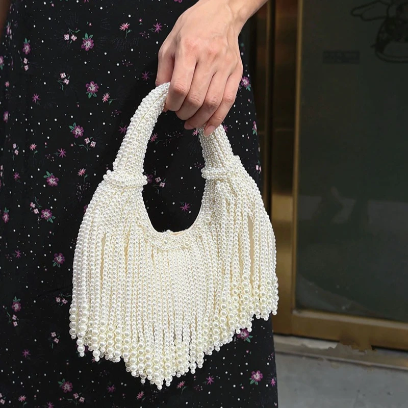 Handle Pearl Evening Clutch Bag Luxury Designer Long Tassel Purses and Handbag Fashionable Design Women's Handmade Evening Bag