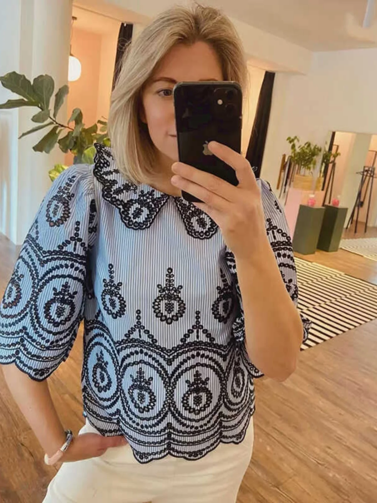 

Elegant Embroidered Stripe Long Sleeve Dress with Trousers Large Collar Design Cotton Breathable French Style Women's Shirt