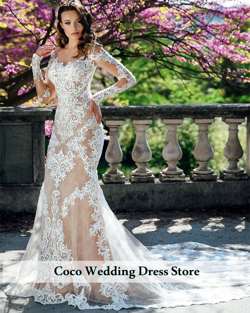 Customized Exquisite Appliques Lace Champagne Satin Lining Long Sleeve Mermaid Wedding Dress Elegant Vestido De Noiva Sereia