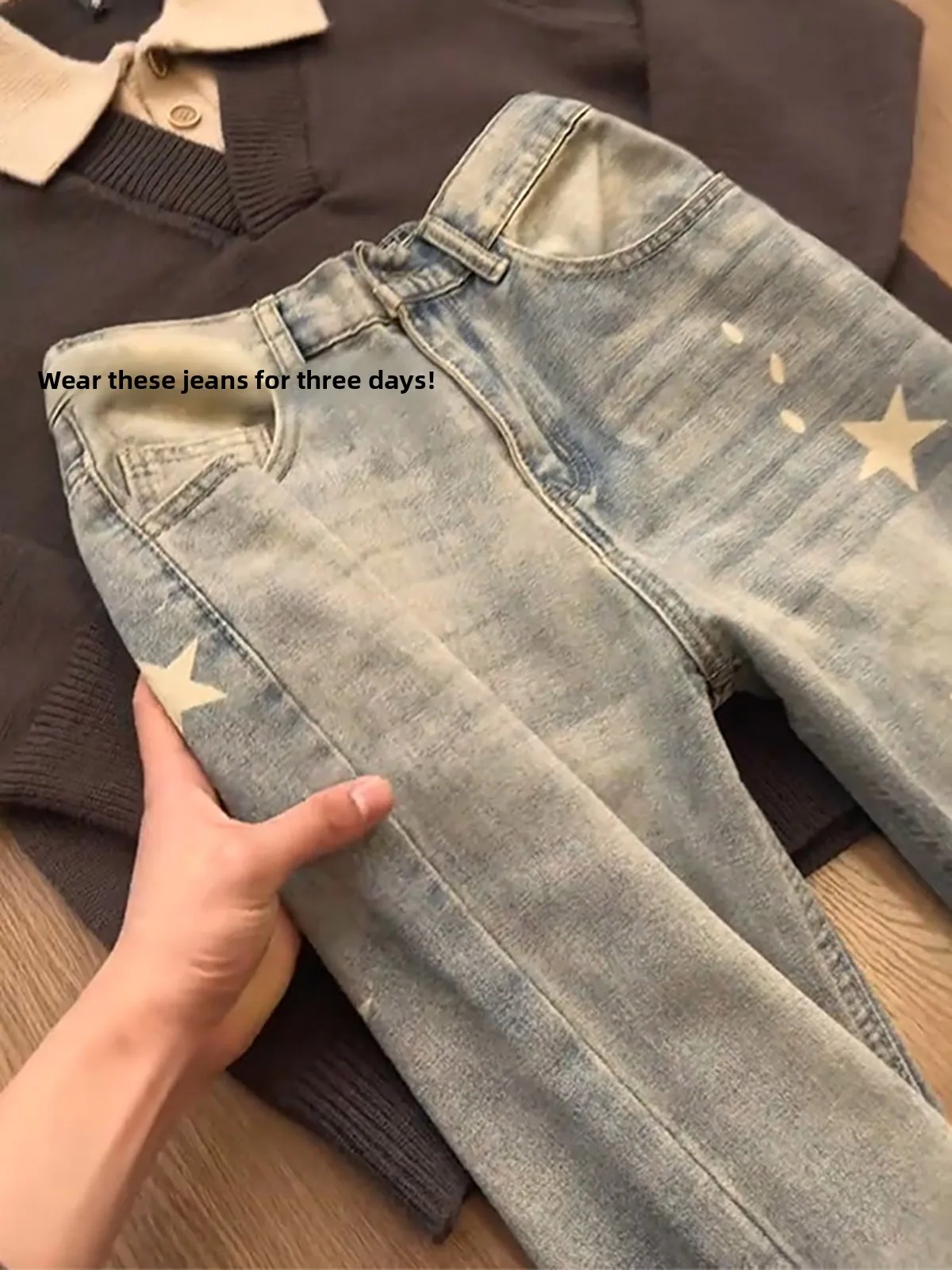 Yellow Mud Color Washed  Paw Print Five Pointed Star Jeans Men Women Floor Length Straight Hiphop Slim Micro Flared Pants