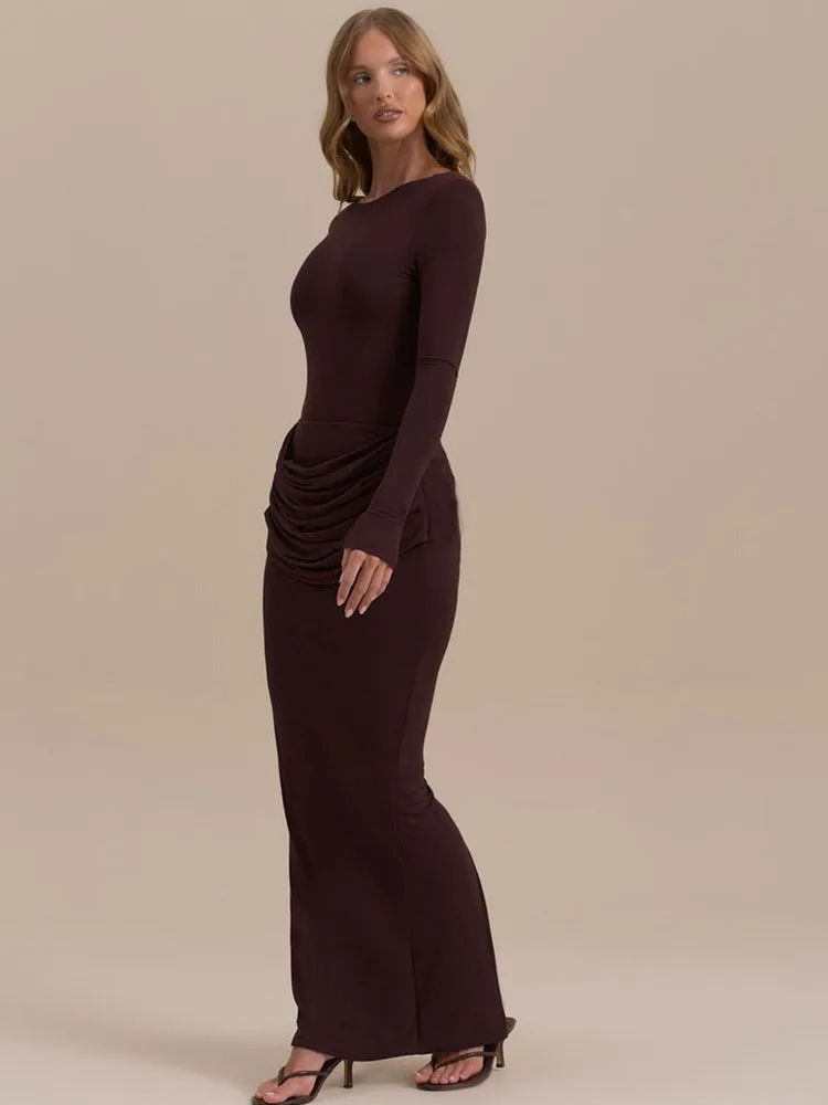 JULISSA MO Elegant Round Neck High Slit Ruched Women Maxi Dress Coffee Long Sleeve High Waist Autumn Skinny Party Evening Dress