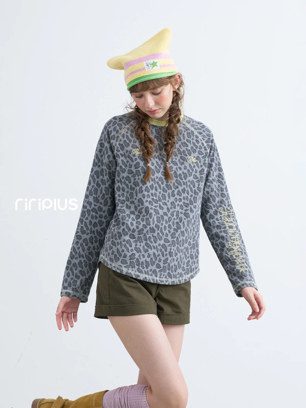 Riverstone plus Leopard Print round Neck Long Sleeve Loose Casual T-Shirt Women's Autumn New Style Lazy Fashion Top