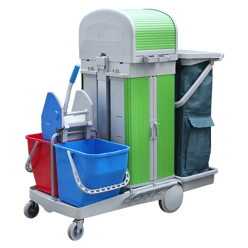 

Hotel Roll Top Storage Cabinet Plastic Cleaning Trolley Truck With Kentucky Mop Double Wringer Bucket