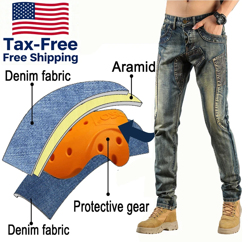 

Retro Motorcycle Jeans Men Kevlar Protective Pants Aramid Racing Motocross Vintage Style
