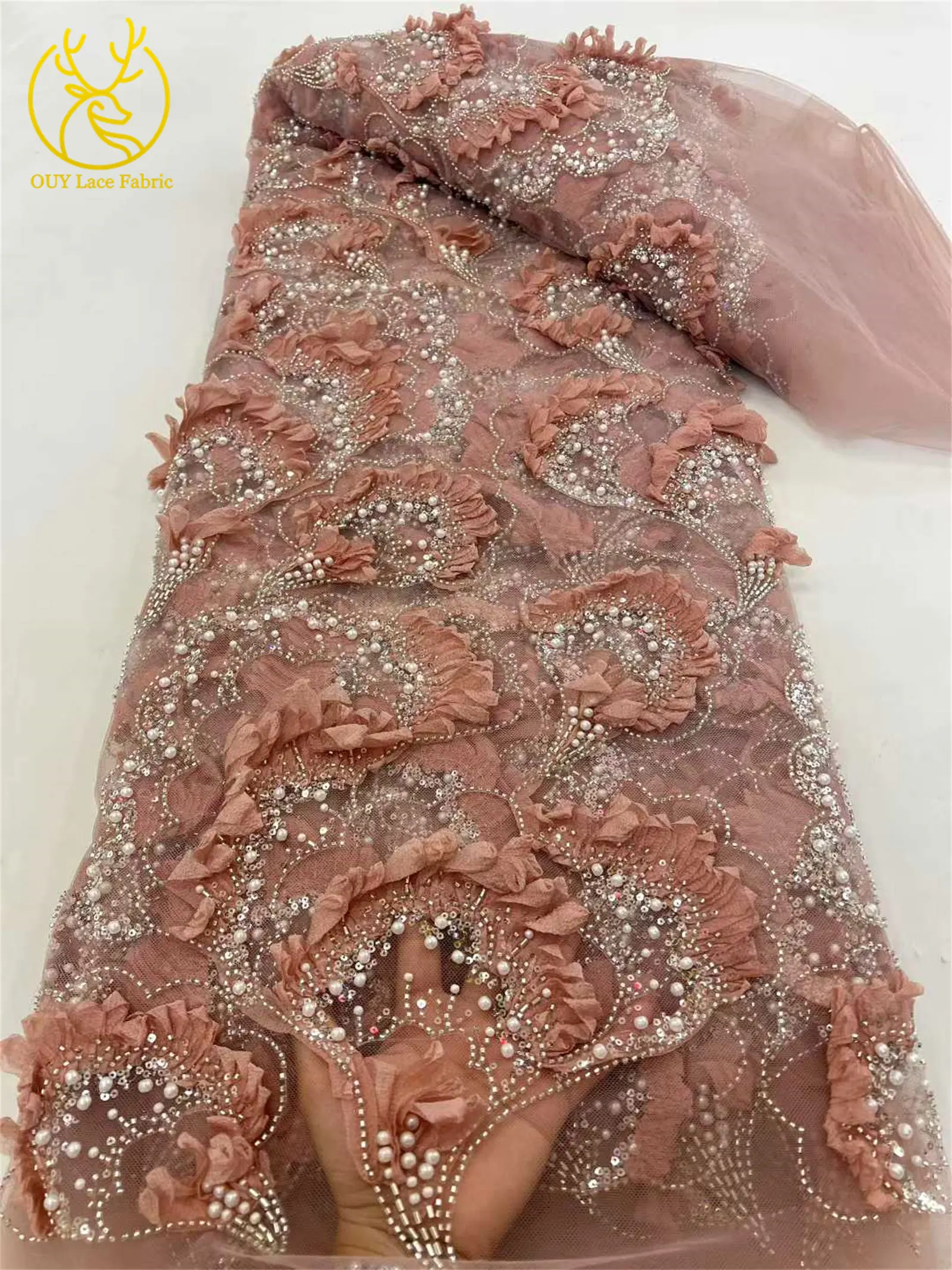 3D Neueste Elegante Afrikanische Spitze 2026 Hochwertige Französische Tüllspitze Nigeria Perlen-Pailletten-Spitzenstoff für Hochzeitskleider – Detail 5