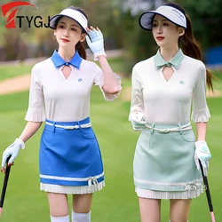 TTYGJ Women's Summer Golf Apparel Flared Pleated Short Sleeve Tops Hollow V-Neck Slim Shirts Ladies Bowknot Golf Skirt Set