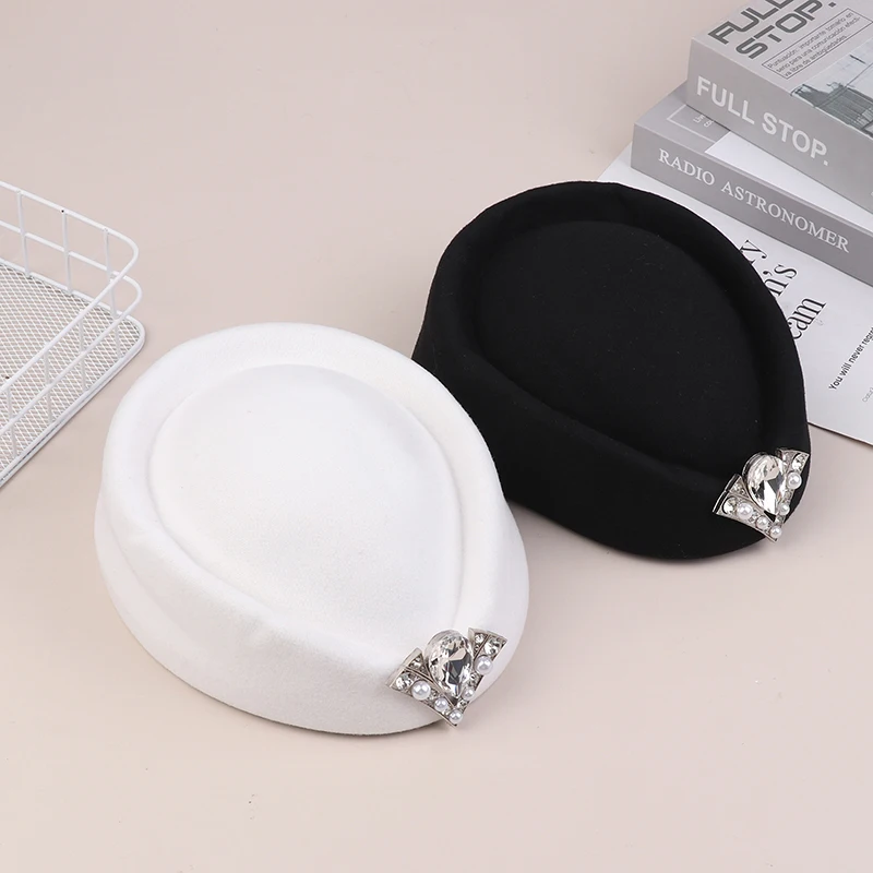 New Vintage Rhinestone Hard Top Flat Fedoras Hats French Cashmere Wool Hat Casual Flight Attendant Hat Party Dress Pillbox Hat