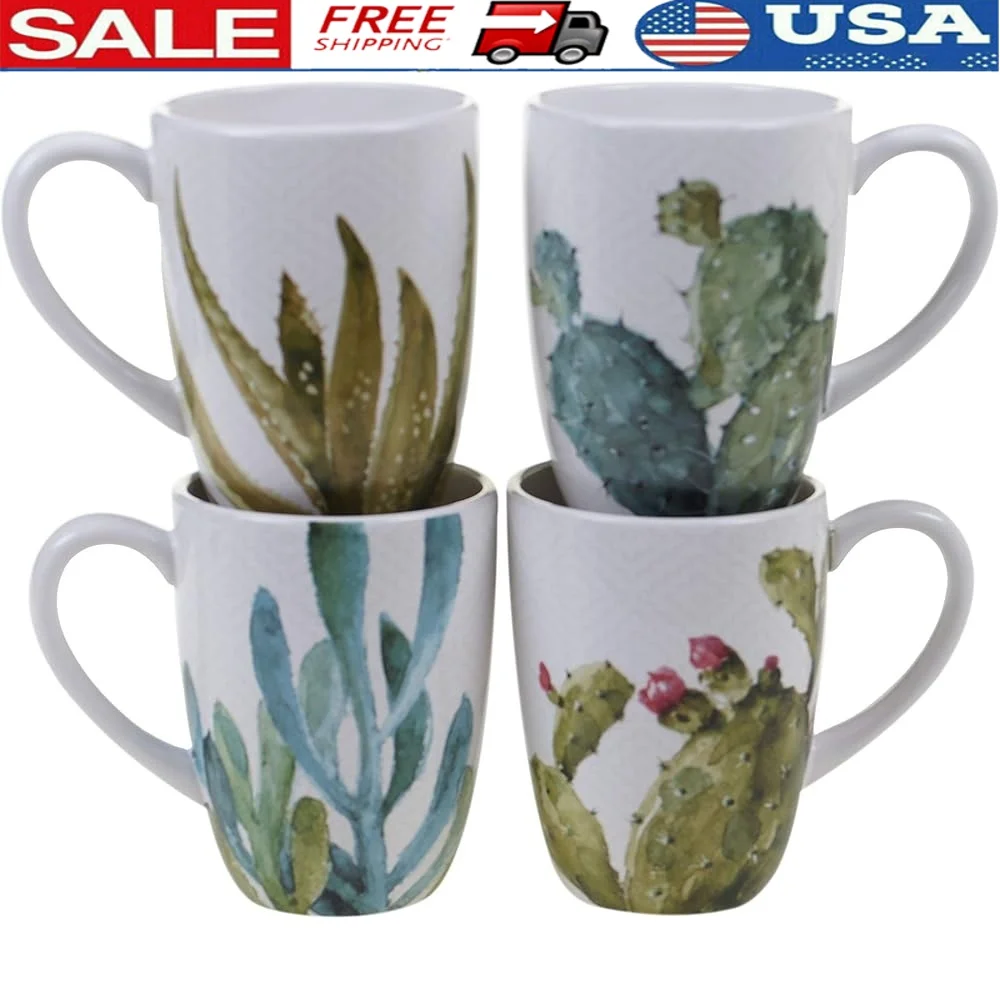 

Large Ceramic Mugs Set of 4 Hand-Painted Watercolor Cactus Designs 22 oz Capacity Microwave Dishwasher Safe Unique Gift Plant