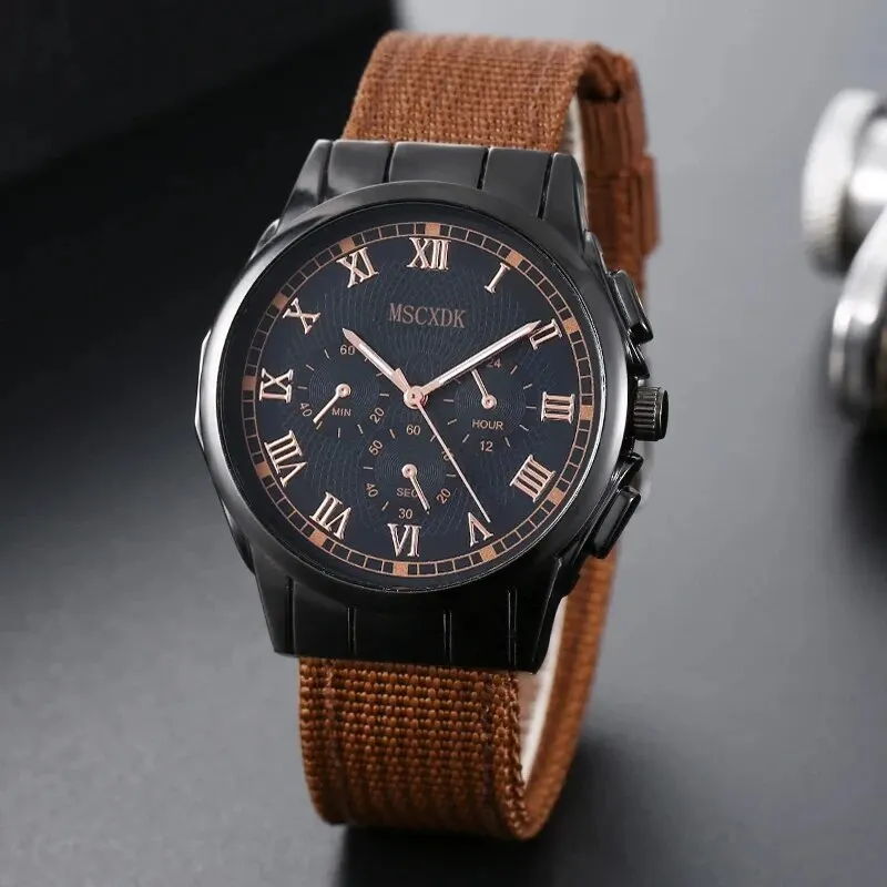 4pcs Brown Nylon Strap Quartz Watch With Bracelet For Men Casual Fashion Round Watch In Daily Sport