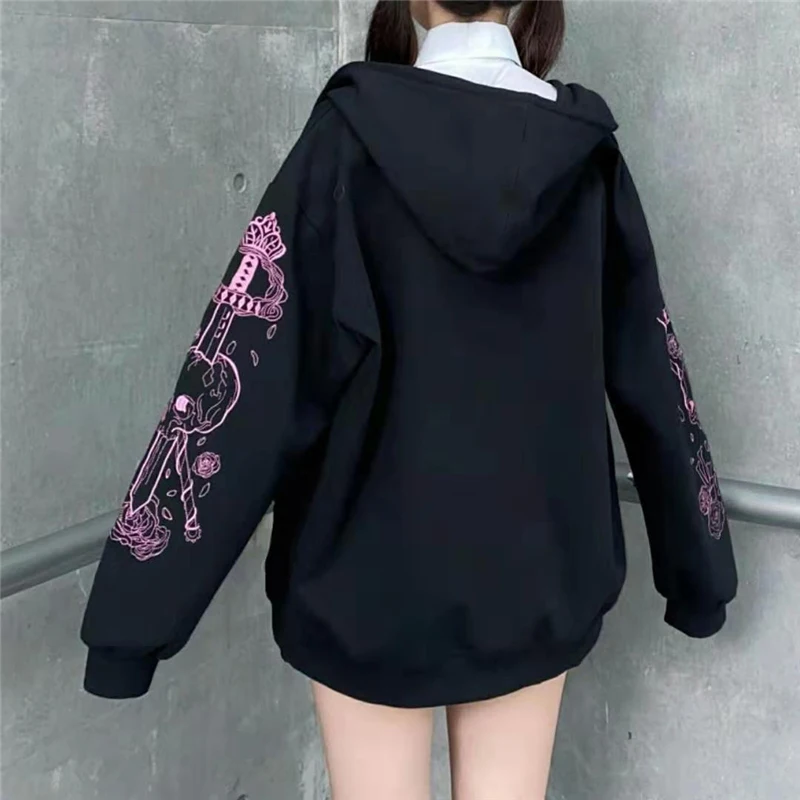 Korean Version 2024 New Streetwear Zipper Sleeve Pink Print Hoodies Shopping Casual Solid Black Color Soft And Warm Simple Y2K