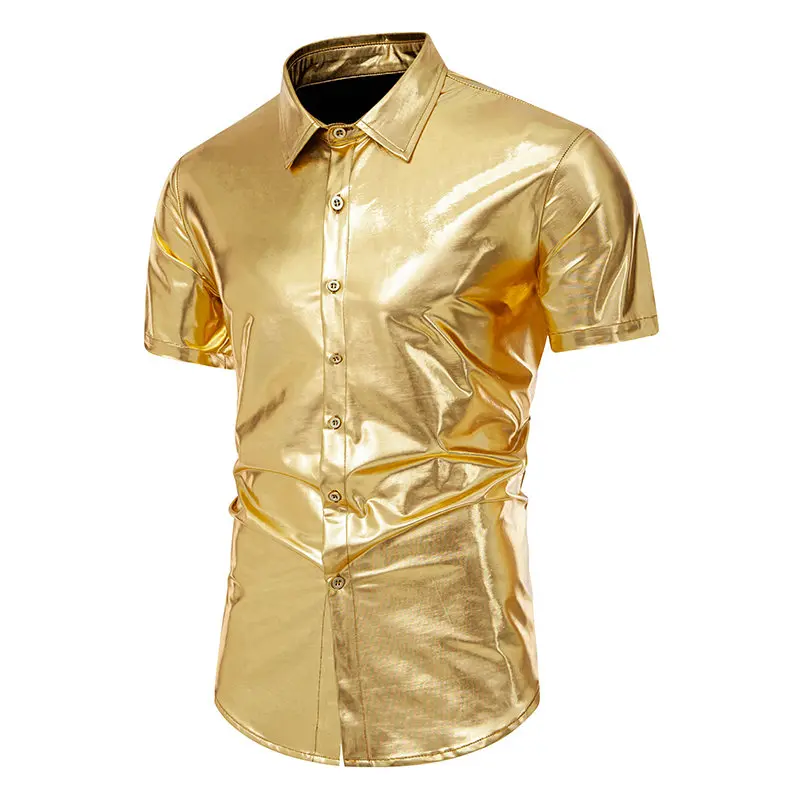 Men's Metallic Glossy Short Sleeve Shirt Gold Silver Nightclub Party Shiny Shirt Vintage Disco Costume