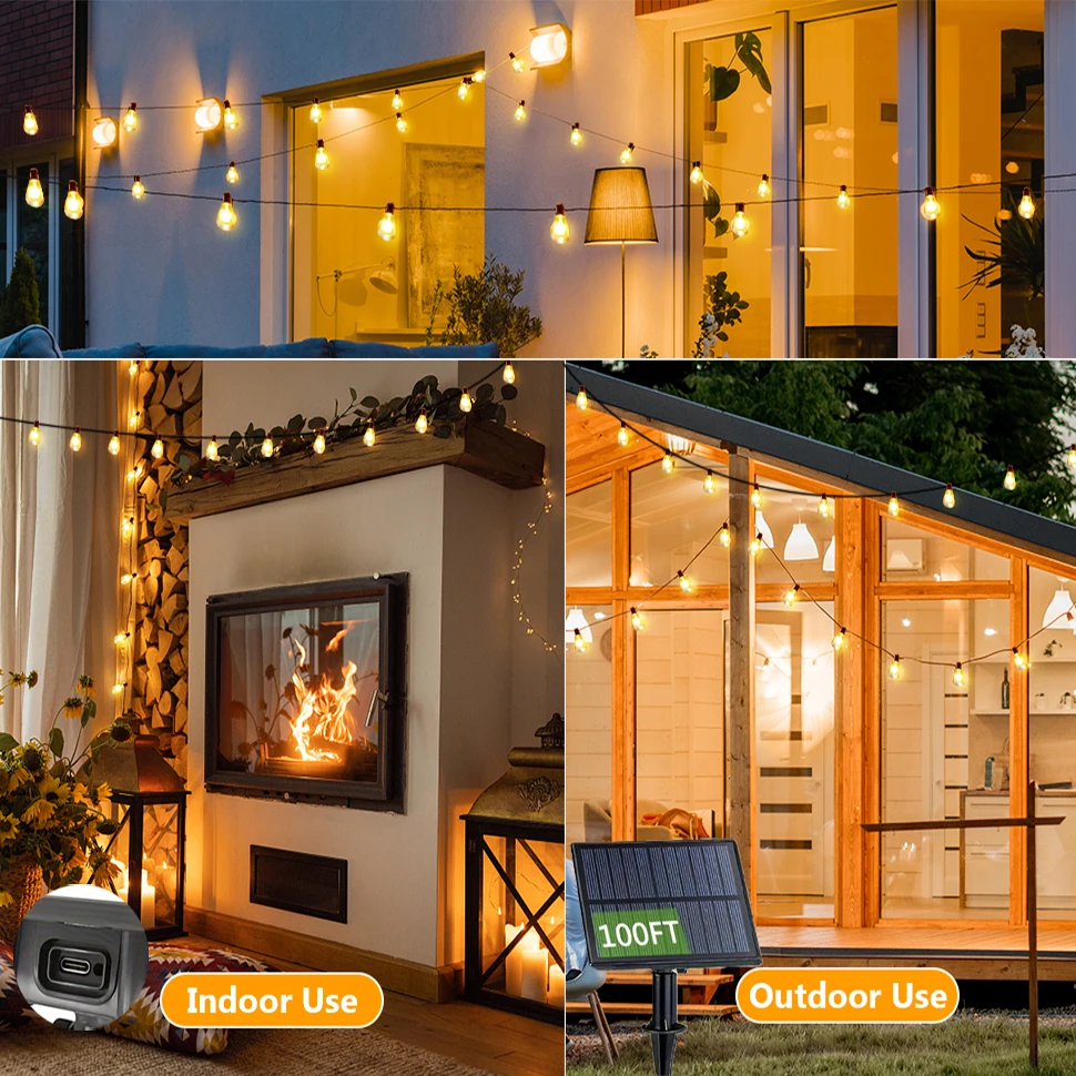 30m/100ft Outdoor Solar String Lights with Remote Control Timer Dimmable 30+2 Shatterproof Bulbs 8 Modes for Garden Patio Decor