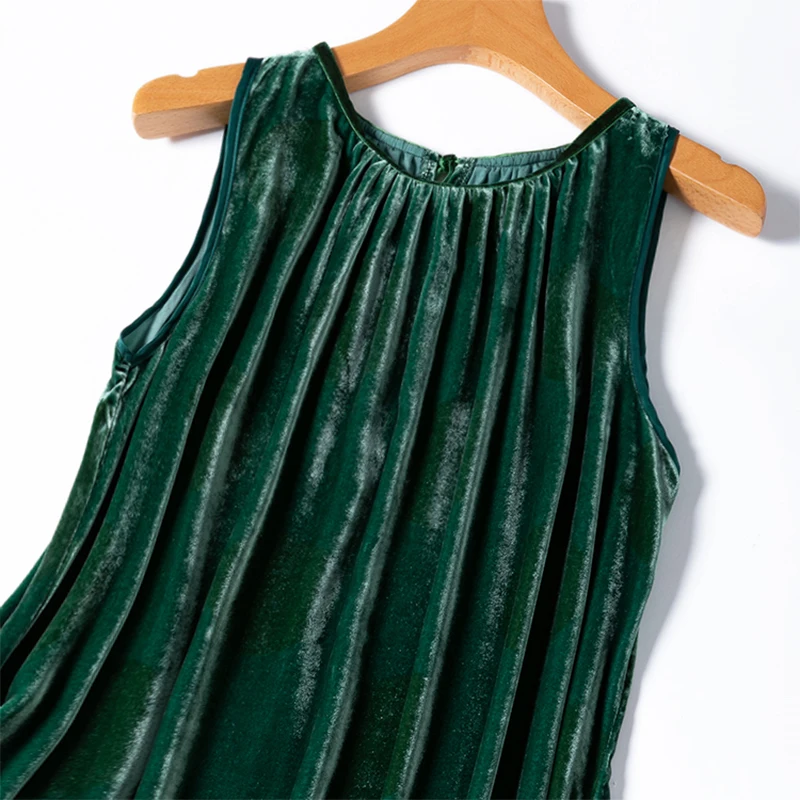 Women Silk Velvet Tank Dress 100% Mulberry Silk Lining Long Type Dark Green Sleeveless Crew Neck Midi Long Dress M1216