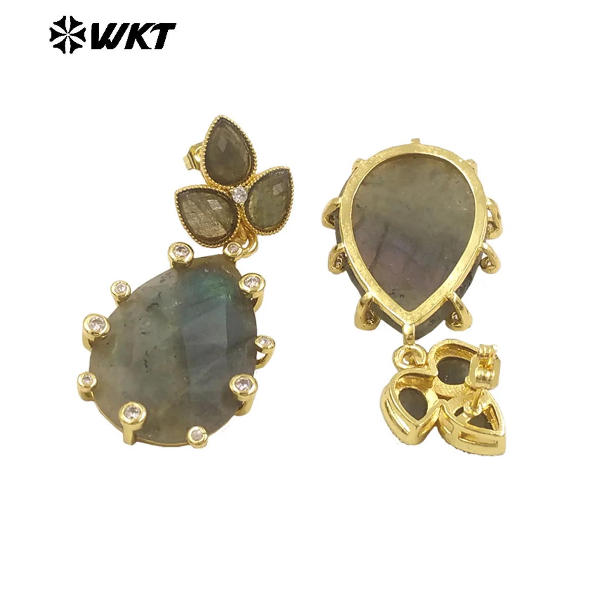 WT-E756 Gorgeous Precious Natural Amazonite Amethyst Gemstone Carved Long Teardrop Earrings With Zircon Around Trend Style