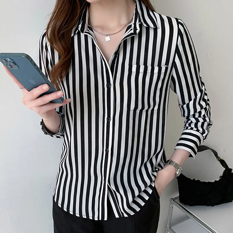 Black Patchwork White Striped Print Chiffon Blouse Women 2024 Spring Long Sleeve Work OL Wear Shirt Top Clothes