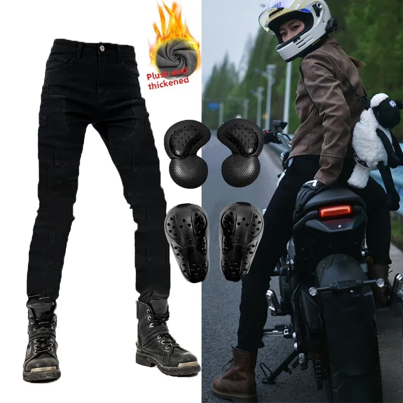 Motorcycle Pants Men's and Women's Winter Fleece Slim Riding Pants Motorcycle Slim Warm Motorcycle Travel Windproof CE Defense