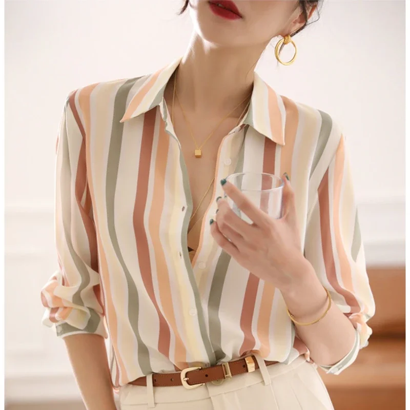 Stripe Women Shirt Satin Vintage Shirt for Women 2023 Autumn Clothes Korean Fashion Shirts and Blouses Basic Elegant Womens Tops