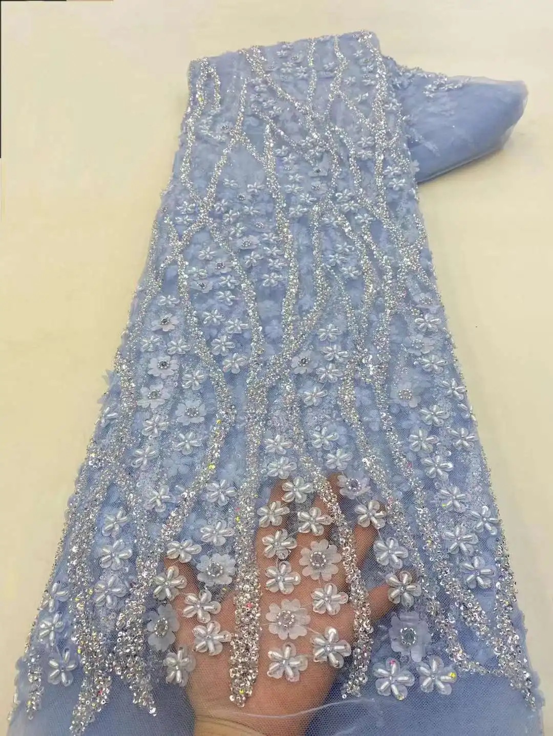 

Blue African Sequins Lace Fabric 2023 High Quality Nigerian Beads Embroidery French Tulle Lace Fabric For Wedding Dress Sewing