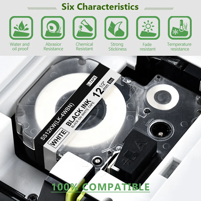 Markurlife 1 PC Label Tape SS12KW Compatible for EPSON LW-300 LW-400 LW-600P LW-700 LC-4WBN9 Label Marker Black on White