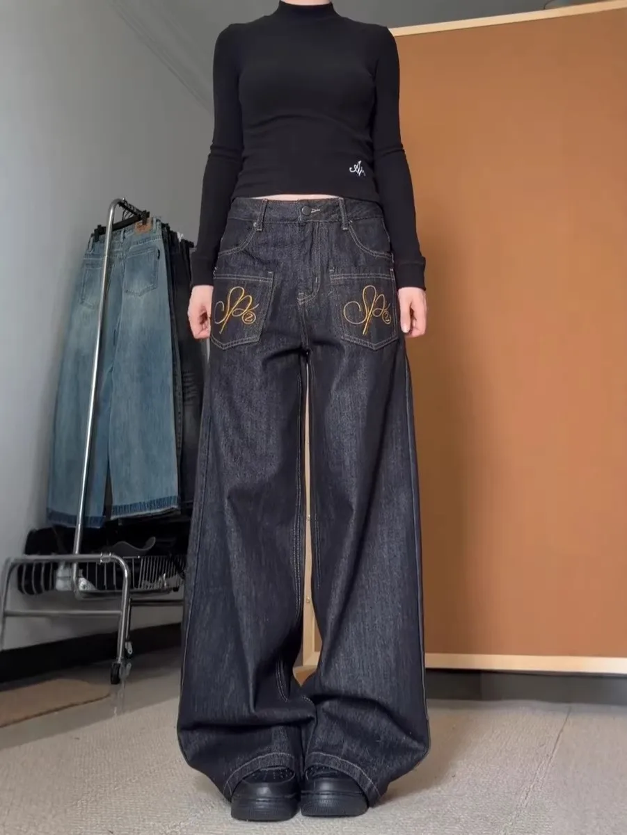 

Large Size American Retro Embroidered Washed Black Jeans Women's Spicy Design Straight Loose Casual Long Pants High Waist Wid...