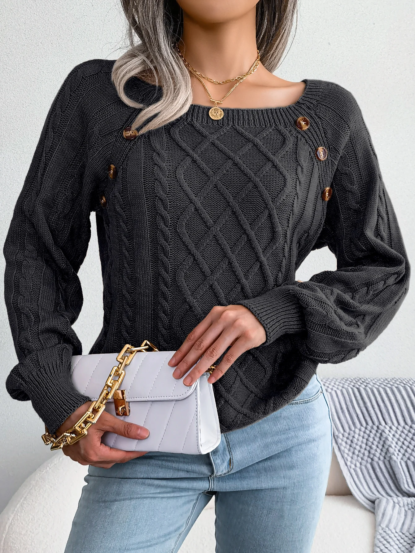 Women Casual Square Collar Buttons Long Sleeve Knitted Pullovers And Sweaters For Autumn Winter 2023