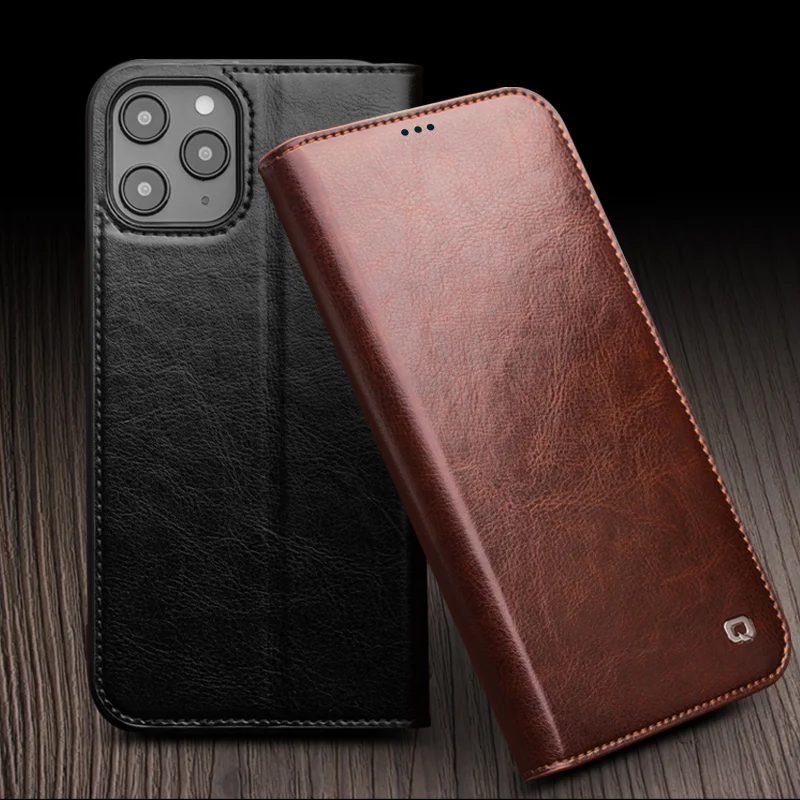 Genuine Leather Flip Cover For iPhone 14 Pro Case 12 13 15 Pro Max Mini Plus Business Bag Card Slot Pocket Full Protection Cases