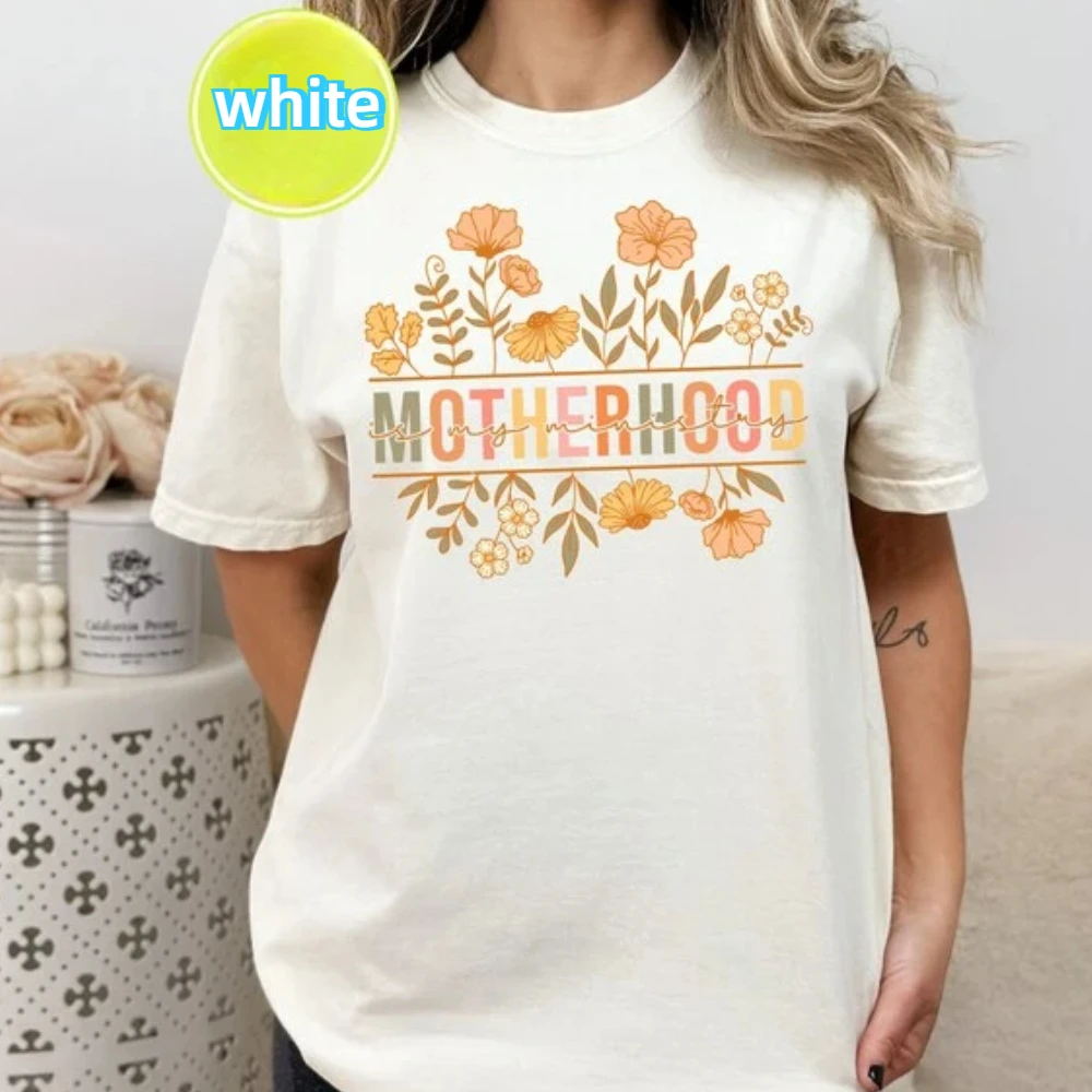 Floral Motherhood Is My Ministry Cotton T-Shirt Wildflower Graphic Mama Tee Christian Religious Tee Cool Mom Casual Streetwear