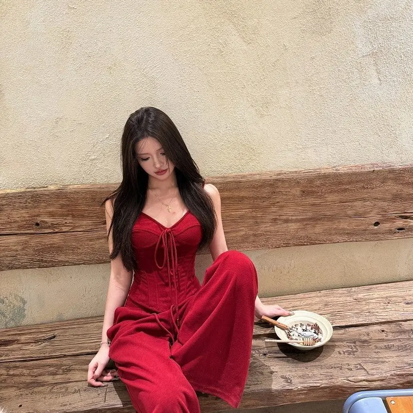 

Office Lady Suit Women's Spring/Summer Slim Fit Strap Top High-waisted Baggy Wide-leg Pants Two-piece Set Fashion Female Clothes