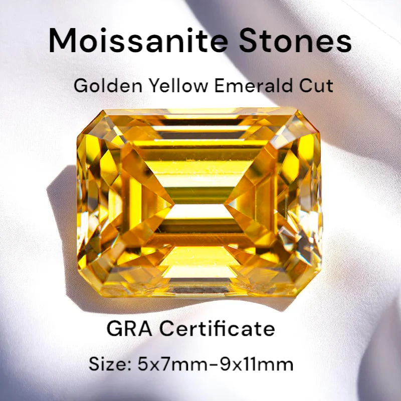 

Moissanite Golden Yellow Color Emerald Cut Gemstone Lab Grown Diamond DIY Charms Jewelry Making with GRA Certificate