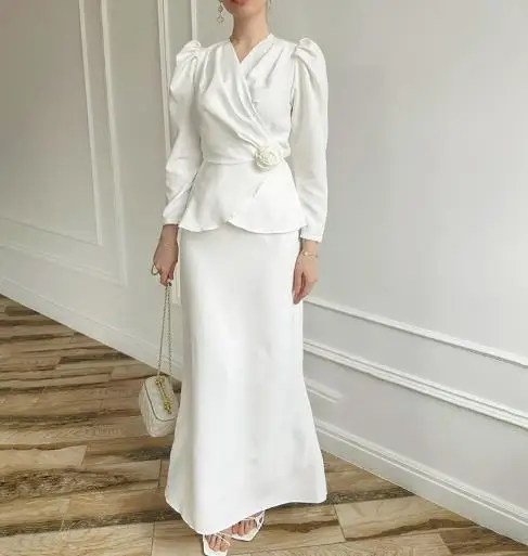 

Two Piece Set Women Outfit 2025 Spring Autumn V-Neck Flower Decor Temperament Long Sleeved Top & Casual Slim Long Skirt Set