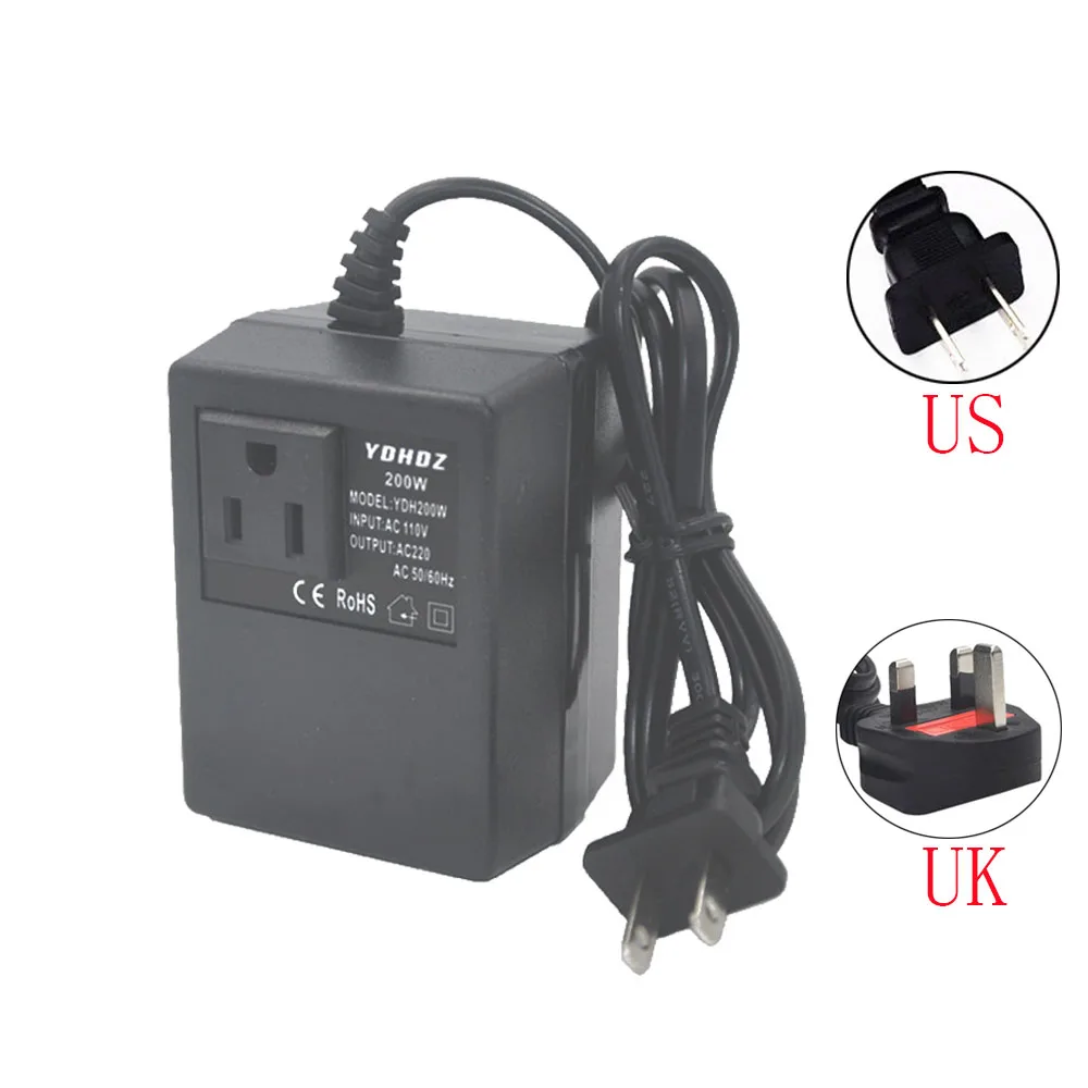 

US UK Plug Adapter AC 220V to 110V 200W Step Down Power Supply Buck Transformer Converter Travel Inverter