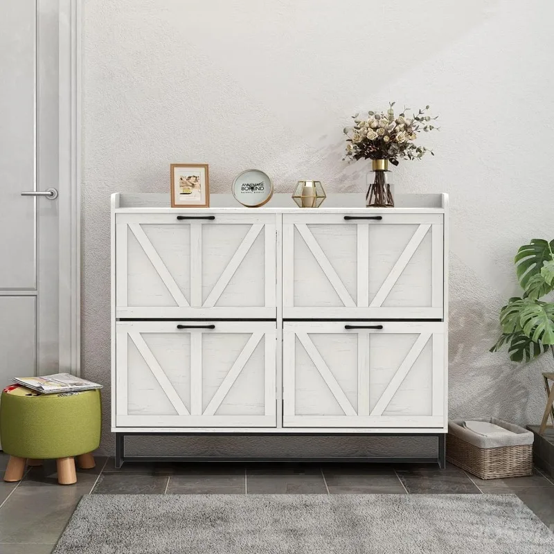 Shoe Cabinet with 4 Flip Drawers, Shoe Storage Cabinet for Entryway, Narrow Shoe Rack with Metal Legs, Oak White，home.