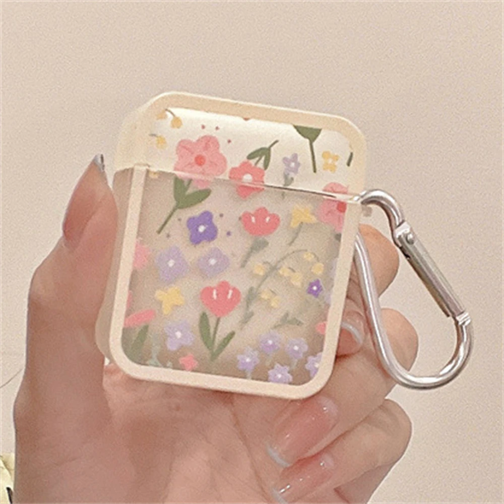 Korean Cute Little Fresh Flower Square Headphones Case For AirPods 1 2 3 With Keychain Protective Soft Cover For AirPods Pro 2