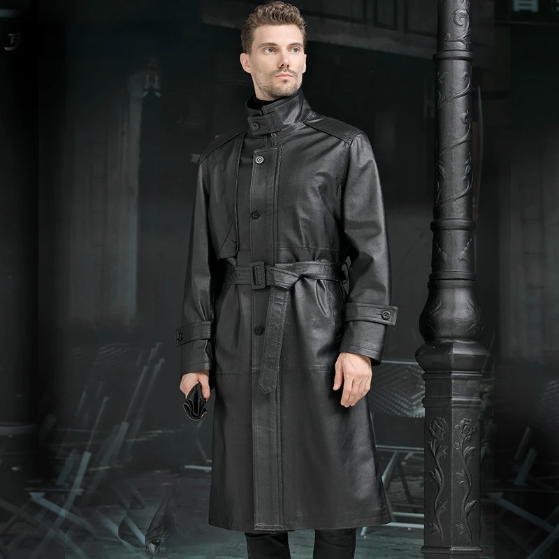 High Quality First Layer Cowhide Windbreaker Men's Loose Black Genuine Leather Coat Overknee Long Stand Collar Leather Jacket