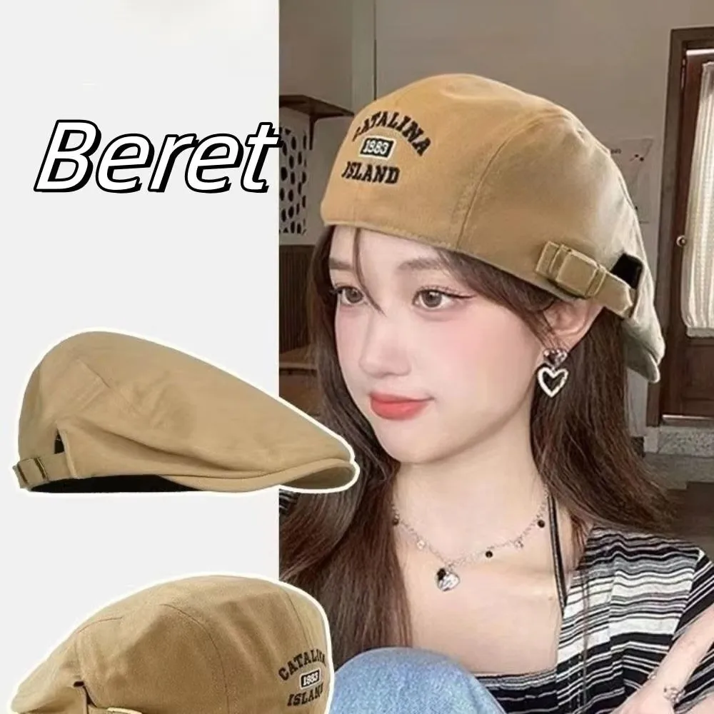 Vintage Y2k Beret Hat Cotton Letter Embroidery Newsboy Cap Breathable Adjustable Flat Cap