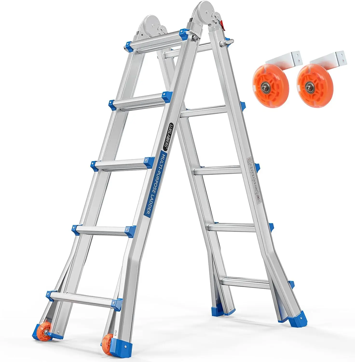 

A Frame 5 Step Ladder Telescoping Ladder, 19 Ft Reach Height Muti Position Folding Ladder Flared Leg & Wheel