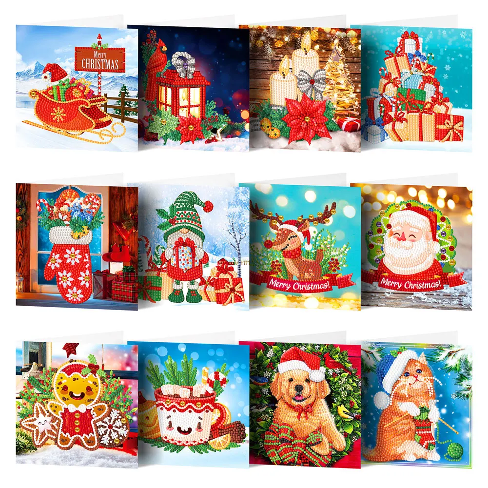 12pcs Diamond Painting Greeting Cards Special Shaped DIY Cartoon Postcards Bright Drill Greet Cards for Holiday Party Mosaic Set