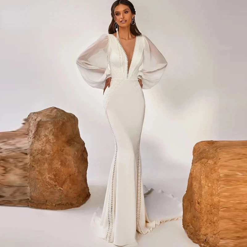 Robe de Mariée Sirène Élégante à Col en V Profond, Sexy, Manches sulfen Mousseline de Soie, avec Traîne, Dos aux, 2023