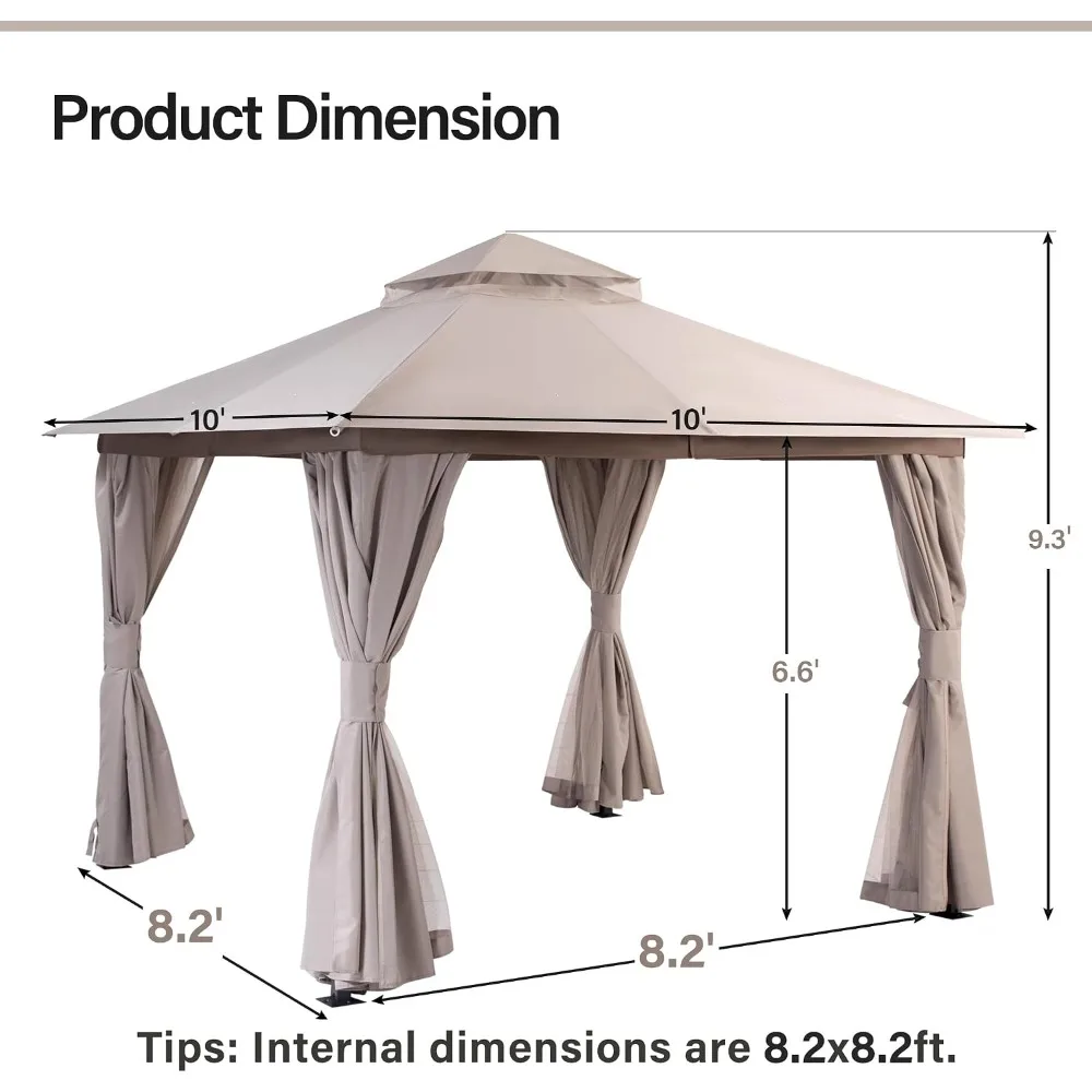 10x10 Gazebo Canopy Metal Frame Heavy Duty Patio Tent with Double Roof Mosquito Netting Privacy Screen for Backyard Garden Khaki