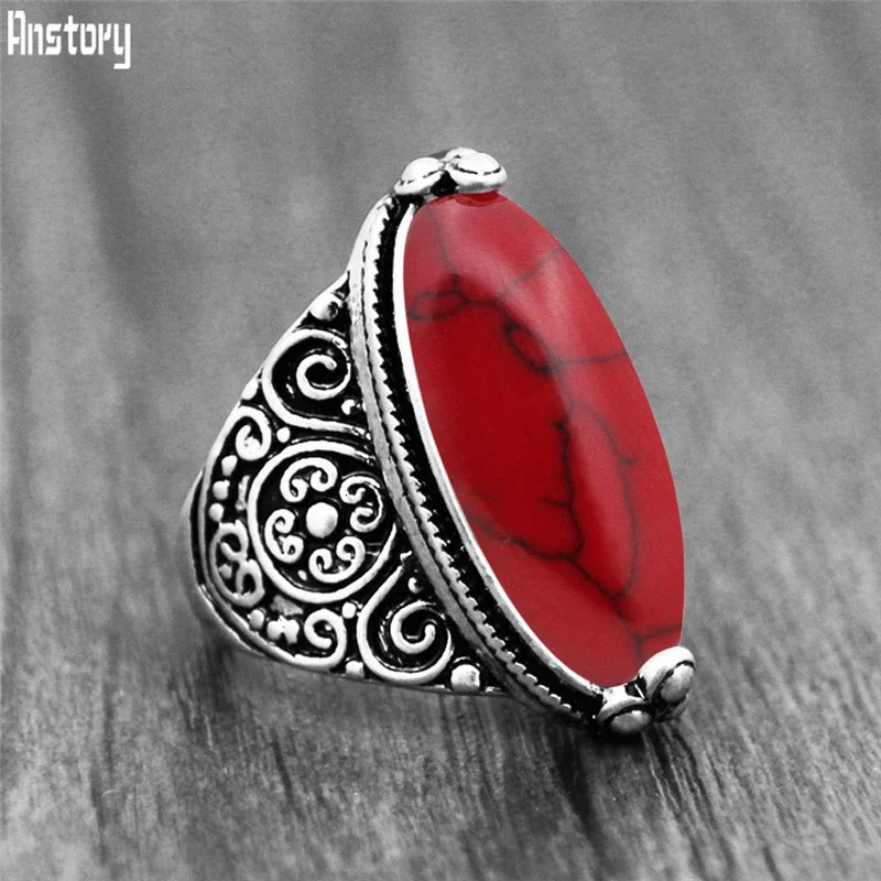 5 Colors Flower Band Oval Synthetic Turquoises Rings For Women Vintage Look Antique Silver Plated 5 Colors Fashion Jewelry TR362