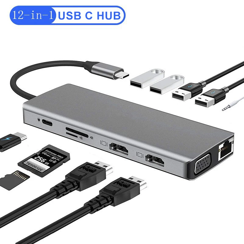 12 in 1 USB C Multiport Dock Station MST Triple Display Hub Dual 4K HDMI VGA 100W PD Aluminum for Windows Mac Laptops Smartphone