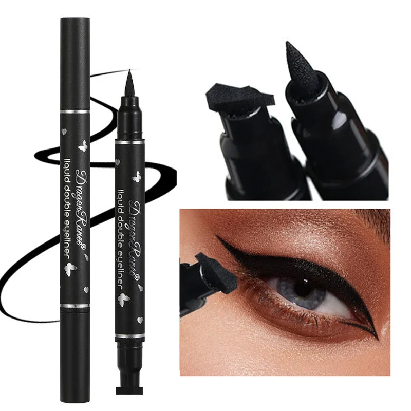 Waterproof Double-Ended líquido Eyeliner Pen, delineador preto, secagem rápida, longa duração Eye Liner, selo selo selo, cosméticos