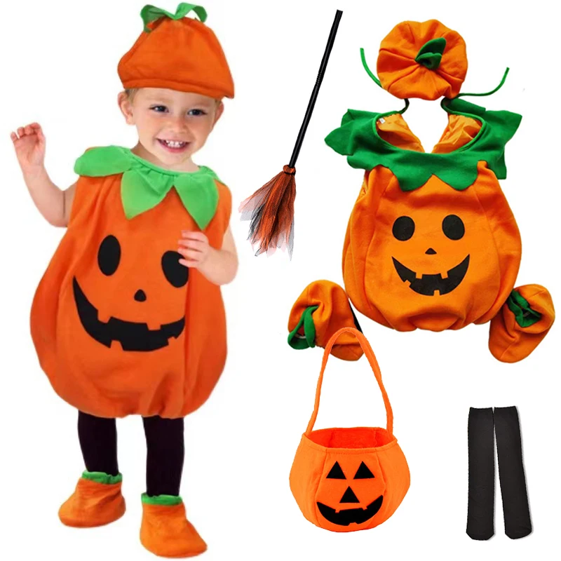 2026 Kids Halloween Party Costume Pumpkin Romper with Hat Shoes Toddler One-Piece Boy Girl Baby Jumpsuit Cosplay Clothing Set