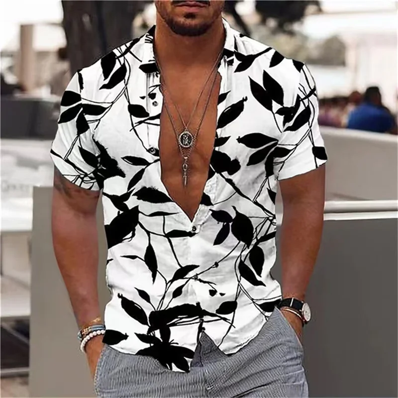 New style casual shirt short-sleeved lapel shirt 3D printing men's street fashion four-way stretch shirt men's large size tops S