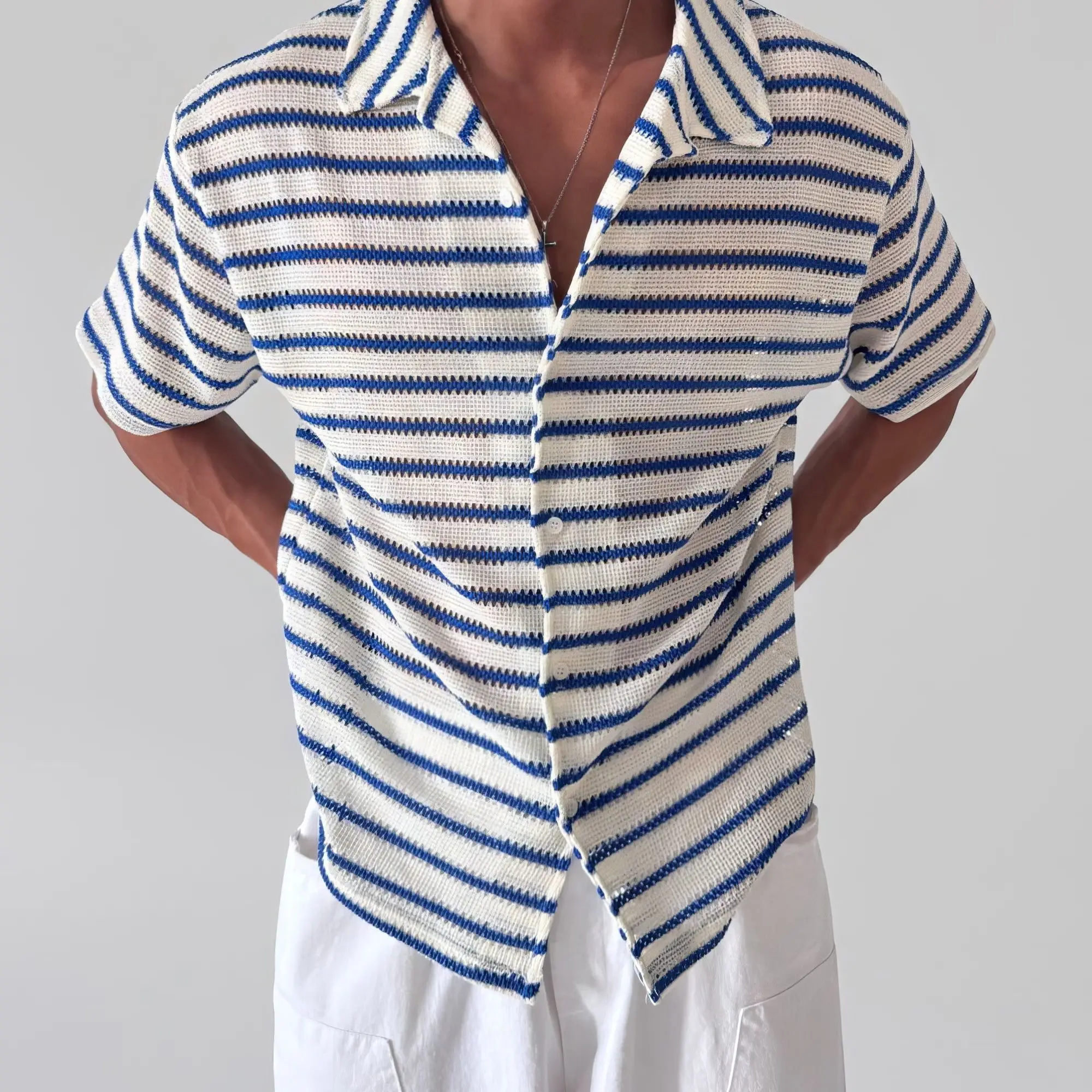 Blue Striped Short Sleeved Shirt for Men Summer Thin Cut Loose Collared Shirt Casual Top
