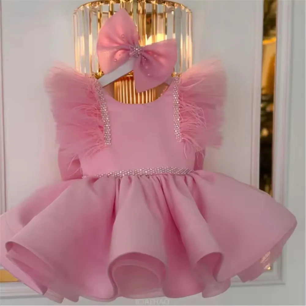 

Роскошное свадебное платье без рукавов с цветочным узором, украшенное бисером и перьями с бантом, милое бальное платье принцессы для дня рождения, выпускного вечера, платье для причастия